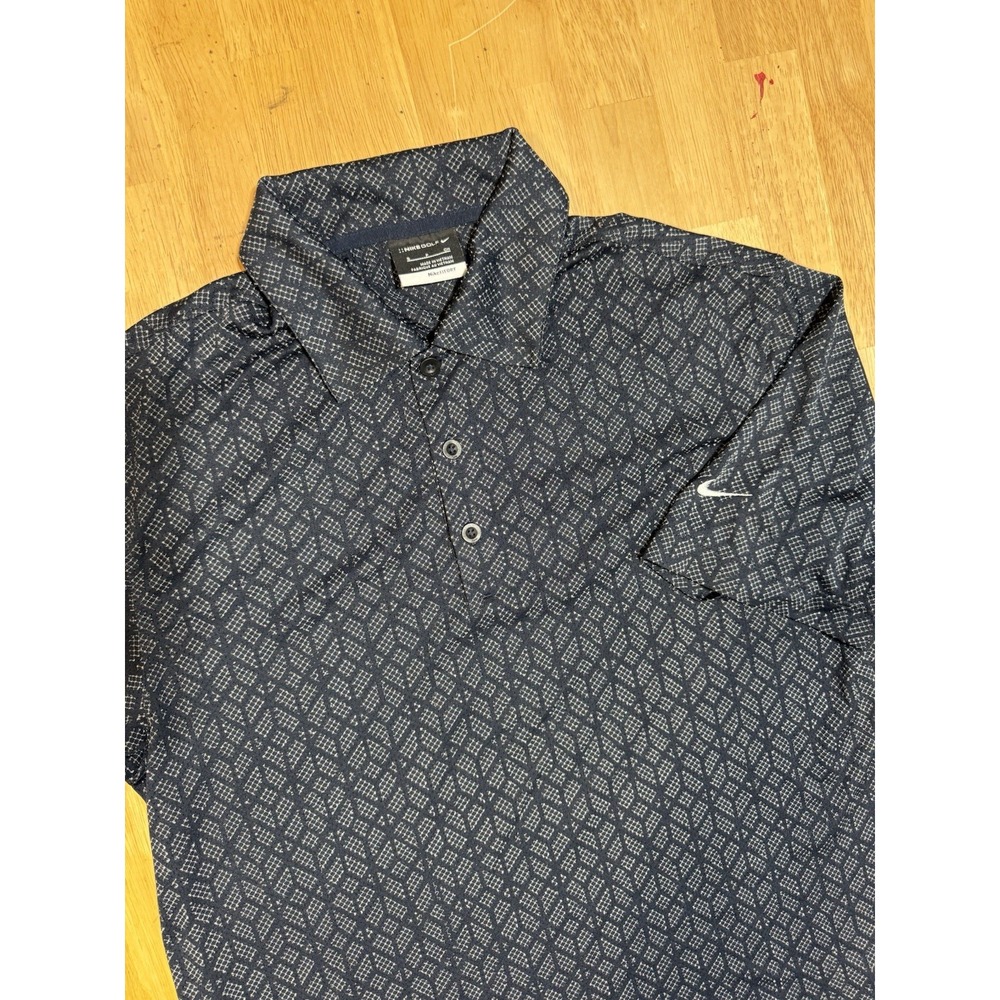 Nike Golf FIT DRY Polo Shirt Mens Small Dark Navy Blue Geometric Print Swoosh